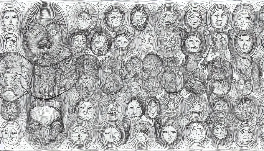 Image similar to symmetry! portrait of multiple faces meeting humans scientific intelligences, mooc, organic and intricate, elegant, highly detailed, concept art, smooth lines, sharp focus, lineart, illustration, shadows, penned with thin rotring pen on white, 8 k