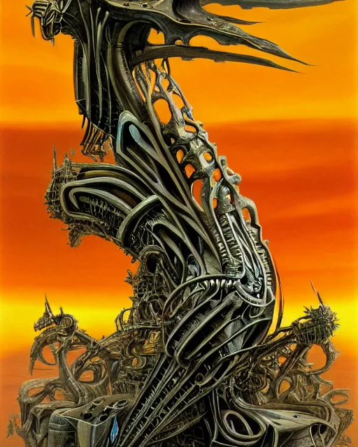 Image similar to artwork by hr giger, by roger dean, by julie bell, biomechanical, 4 k, hyper detailed