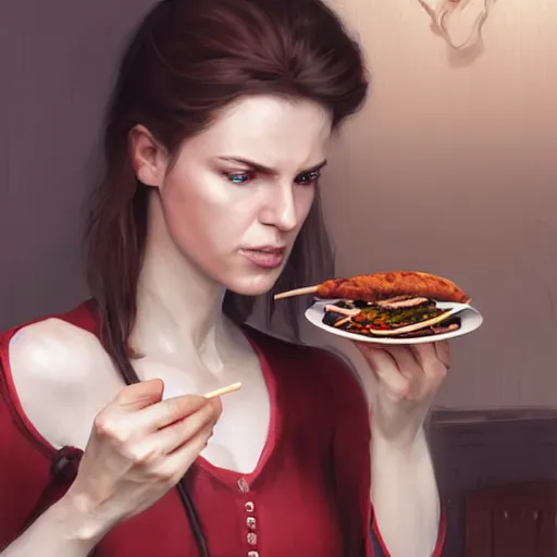 Prompt: portrait of a brunette skinny irish woman with blu eyes eating kebab, light stubble with red shirt inside victorian mansion ,digital art,photorealistoc,art by greg rutkowski,hyperdetailed,western comic style,comic,comic style,sharp lineart,professional lighting,deviantart,artstation,trevor henderson,rossdtaws,cinematic,dramatic