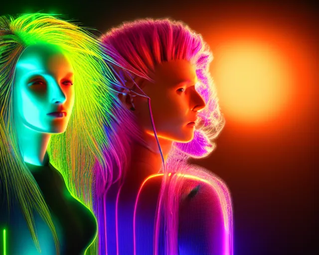 Image similar to glowing hair, complex cybernetic beings, beautiful hairy humanoids, cybermagnetosphere, cybernetic civilizations, ornate hair, love, joy, vortexes, large arrays, data holograms, 8 k, cinematic light shadows, wet hdr refractions, *, * * *, * * * * *