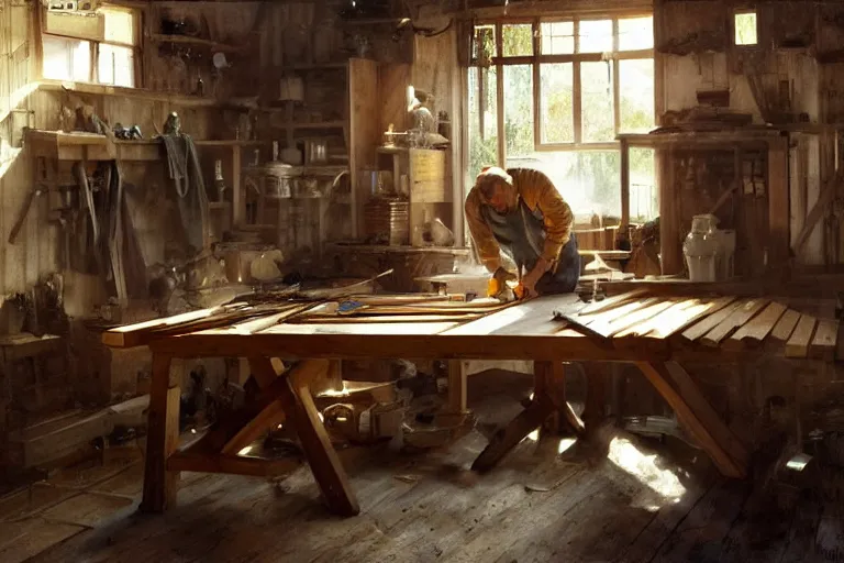 Image similar to simple craftsman fine woodworker building a wooden table in their well lit clean open workshop, art by anders zorn, wonderful masterpiece by greg rutkowski, beautiful cinematic light, american romanticism thomas lawrence, greg rutkowski