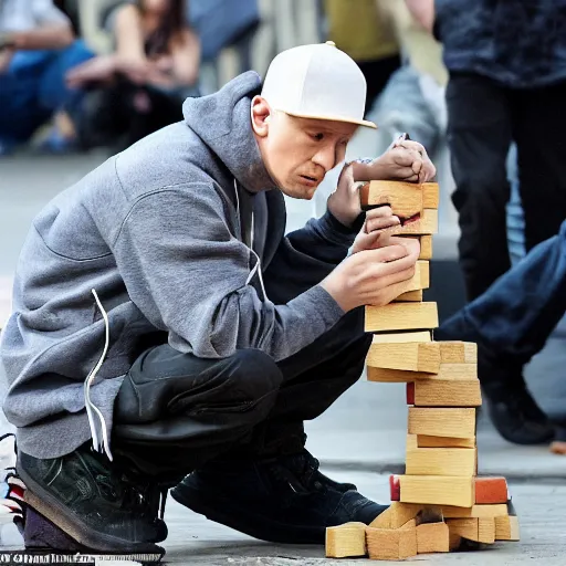 Image similar to Eminem with a dog plays with wooden blocks at Central Park