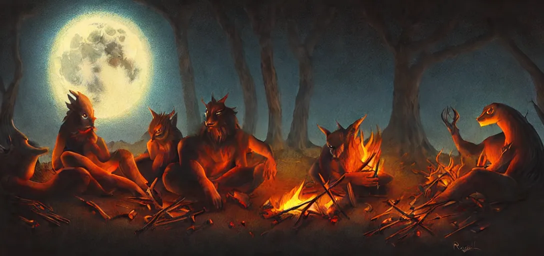 Image similar to strange mythical beasts of sitting around a fire under a full moon, surreal dark uncanny painting by ronny khalil