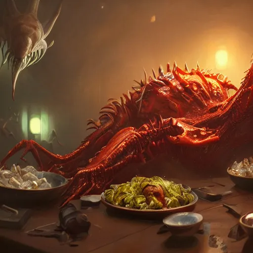 Image similar to A close up shot of a table-spread of amazing Alien food of strange things hot and fresh and steaming, ultra high detailed, oil painting, Greg Rutkowski, Charlie Bowater, Yuumei, Yanjun Cheng, unreal 5, DAZ, hyperrealistic, octane render, RPG portrait, dynamic lighting, fantasy art, beautiful