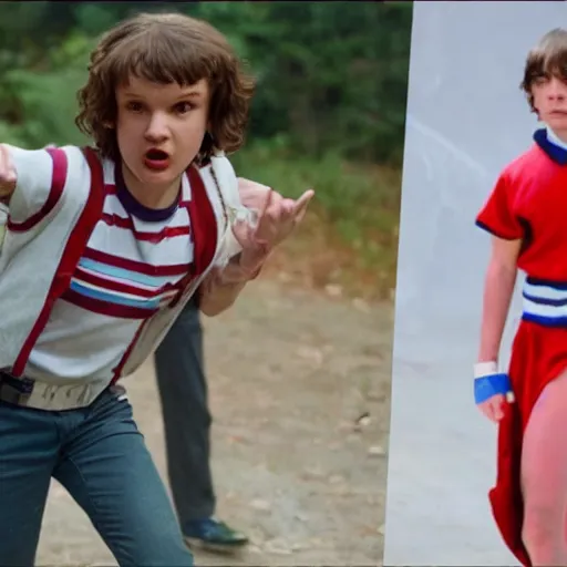 Image similar to eleven from stranger things versus The Rock in a WWE fight