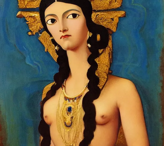 Image similar to an oil painting a queen with dark hair and white fair skin standing on a throne by nicholas roerich, by gustave moreau, by james hawe, by frank frazetta!, by georgia o keeffe, highly detailed, realistic, realism, manierism, oil painting, wide shot