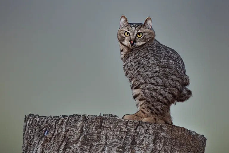 Image similar to a cat owl!!! hybrid! hyper realistic!! realistic lighting!! wildlife photographer of the year!!! bold natural colors, national geographic, hd, wide angle, 8 k