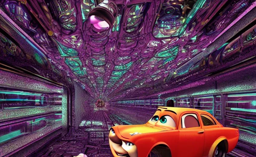 Image similar to mater from cars in a mirrored fractal hallway, romance novel cover, dmt visualization, in 1 9 9 5, y 2 k cybercore, industrial photography, still from a ridley scott movie