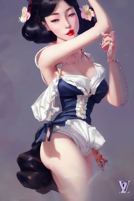 Image similar to a pin up and beautiful fashion charming dreamlke japan girl with lv jewelry, character art, art by artgerm lau and wlop and and ilya kuvshinov and john singer sargent, hyperdetailed, 8 k realistic, symmetrical, frostbite 3 engine, cryengine, dof, trending on artstation, digital art