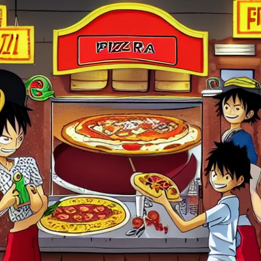 Prompt: luffy opens a pizzeria