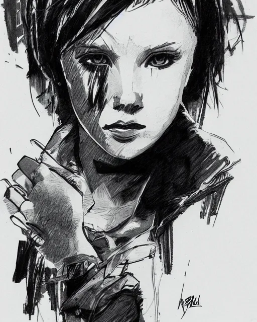 Prompt: pen sketch of worried millie bobby brown with short hair by yoji shinkawa