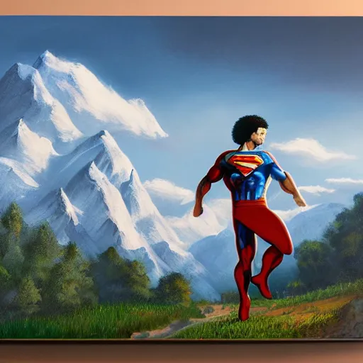 Image similar to a closeup photorealistic photograph of bob ross working on a canvas painting of superman. film still. brightly lit scene. mountains and trees. this 4 k hd image is trending on artstation, featured on behance, well - rendered, extra crisp, features intricate detail, epic composition and the style of unreal engine.