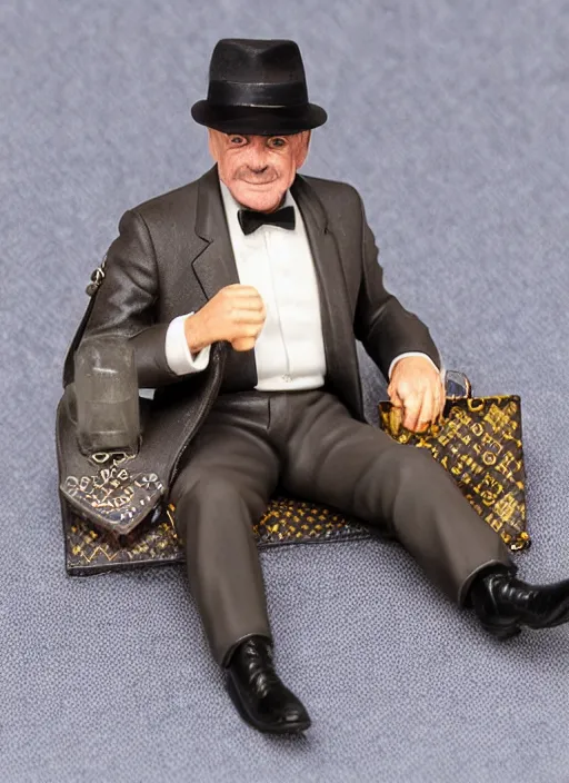 Prompt: 8 0 mm resin detailed miniature of sean connery relaxing wearing a hat and a louis vuitton purse, product introduction photos, 4 k, full body, head to toe included