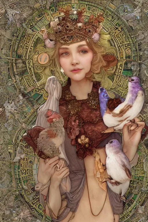 Image similar to zoomed in 3 d render of english princess holding birds, ornaments, mucha vibe, dieselpunk, solarpunk, artstation