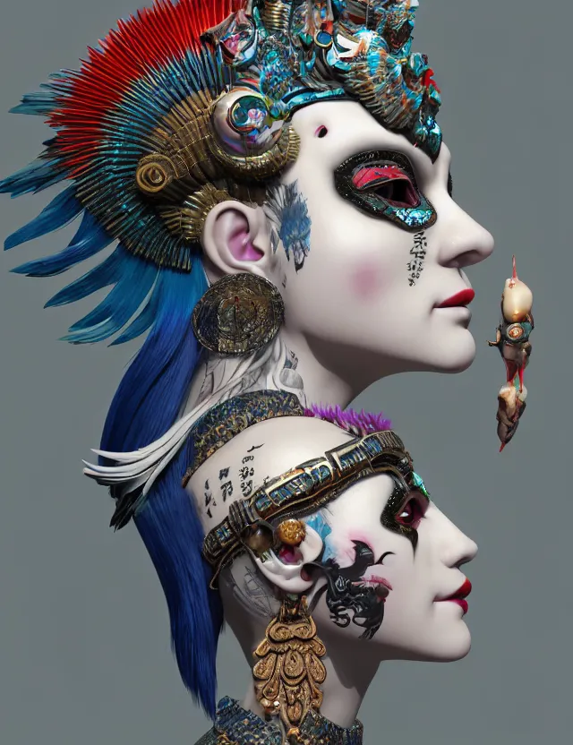 Image similar to 3 d goddess close - up profile portrait russian punk with mohawk with ram skull. beautiful detailed japanese crow kitsune mask and clasical japanese kimono. betta fish, jellyfish phoenix, bio luminescent, plasma, ice, water, wind, creature, artwork by tooth wu and wlop and beeple and greg rutkowski