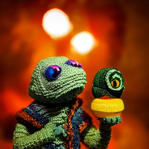 Prompt: brightly lit closeup photograph of a Knitted Sleestak holding dirty martini and wearing vintage jean jacket during snowstorm