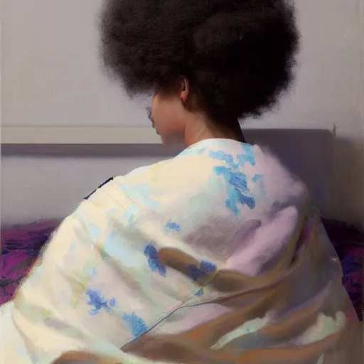 Image similar to girl with afro, in kimono, backview, sitting on edge of bed, by jeremy lipking, tim rees, joseph todorovitch