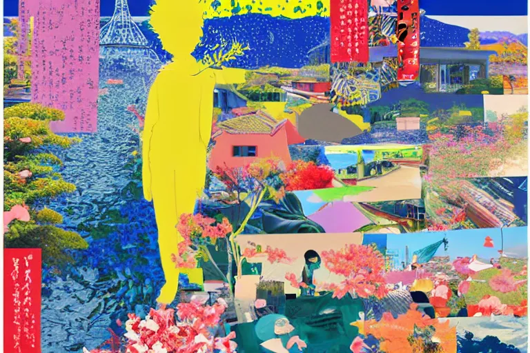 Image similar to award winning graphic design poster, photocollage art depicting a variety of japan travel, beauty, tastes, crafts and more, photocollage painting by National Geographic and David Hockney