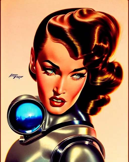 Image similar to closeup beautiful retro space megan fox varga girl, posing with a chrome robot in diesel punk city at night, windblown dark hair, seductive, hyper detailed, digital art, smooth, sharp focus, gil elvgren, anna dittmann alberto vargas, 1 9 5 0, when mars attacks