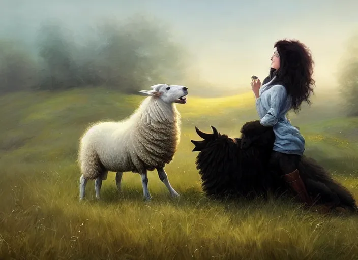 Image similar to wide shot painting of a border collie kissing a sheep in a pasture, beautiful, intricate, elegant, realistic proportions, highly detailed, scenic background, trending on artstation, art by charlie bowater and henry asencio and and ross tran