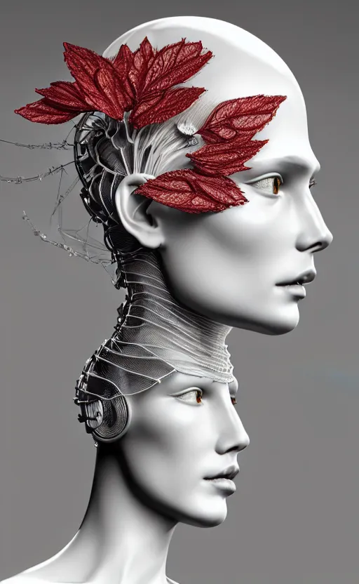 Image similar to complex 3d render ultra detailed of one single beautiful porcelain profile woman face, mechanical cyborg, 150 mm, accent lighting, beautiful studio soft light, rim light, silver gold red details, luxurious, magnolia big filigran ultra detailed leaves and stems, black roots, Alexander Mcqueen haute couture, fine foliage lace, mesh wire, filigran intricate details, hyperrealistic, mandelbrot fractal, anatomical, silver metal armor, facial muscles, cable wires, microchip, elegant, white background, beautiful white teeth, beautiful lips, octane render, H.R. Giger style, 8k