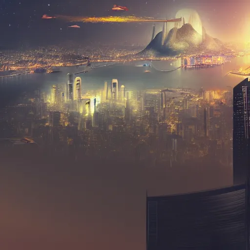 Prompt: a landscape of futuristic Rio de Janeiro at night, artistic, fog, night sky, dark, stars, flying cars, lights, skyscrapers, trending on artstation, digital art