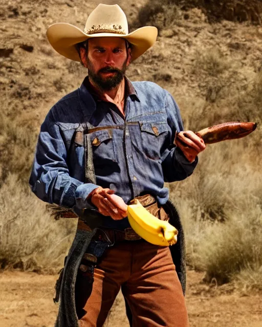 Image similar to A cowboy holding a banana, wild west duel, cinematic