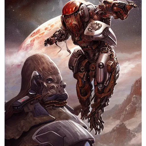 Prompt: An epic fantasy painting Elon Musk riding a cyborg biomechanical bear into battle, hyperdetailed, intricate, by Artgerm, trending on artstation