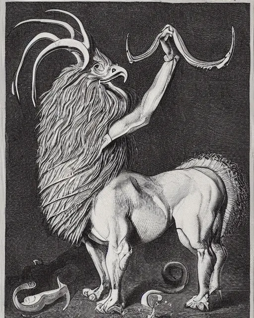 Image similar to a creature with the body and eyes of a man, with the beak of an eagle, the mane of a lion, and the horns of an ox. drawn by francis bacon