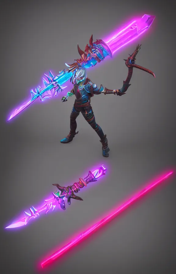 Prompt: fantasy neon warrior great glowing sword, 4k digital render, artstation