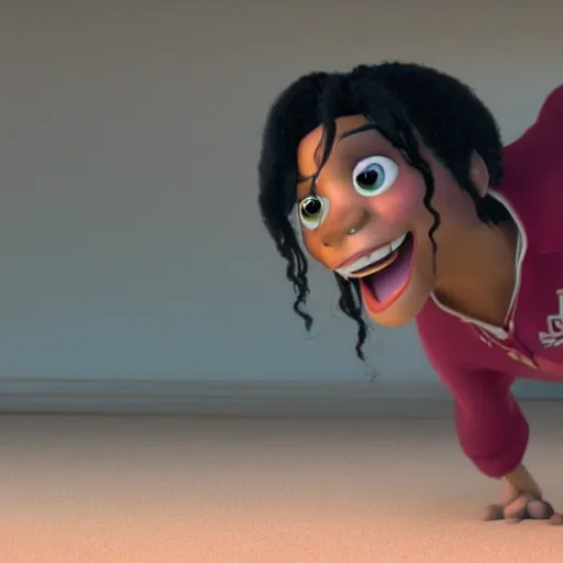 Image similar to a cinematic film still from a 2005 Pixar movie about Michael Jackson, in the style of Pixar, shallow depth of focus