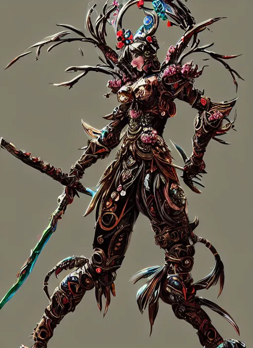 Prompt: Full body portrait of a beautiful dryad warrior in ornate heavy full clad armour, vibrant colours, chosen by the god, ornate, menacing aura, crazy look. In style of Yoji Shinkawa and Hyung-tae Kim, trending on ArtStation, dark fantasy, great composition, concept art, highly detailed, dynamic pose.