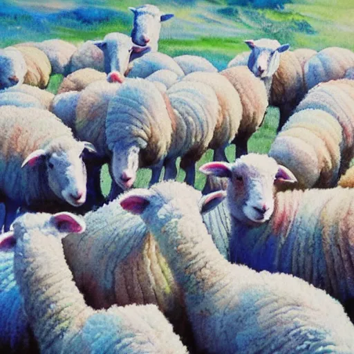 Prompt: herding sheeps. watercolor. vibrant. amazing painting. beautiful. high resolution. highly realistic. cool tones. close - up. 8 k. trending on artstation.