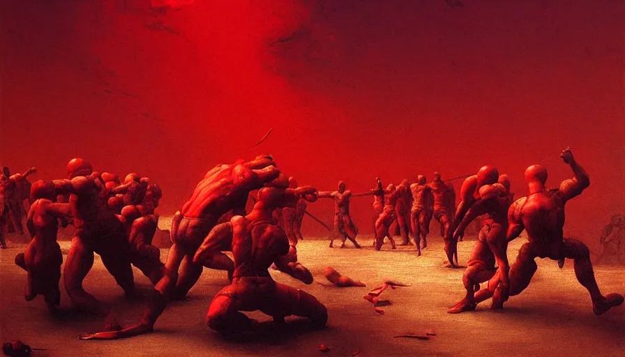 Image similar to only with red, bloody armored gladiator battle in a crowded roman amphitheatre, crowd cheering, in the style of beksinski and edward hopper and rodcenko and yue minjun and greg rutkowski, intricate and epic composition, red by caravaggio, highly detailed, masterpiece, red light, artstation, art nouveau