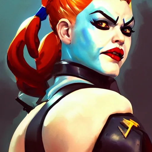 Image similar to greg manchess portrait painting of armored harley quinn as overwatch character, medium shot, asymmetrical, profile picture, organic painting, sunny day, matte painting, bold shapes, hard edges, street art, trending on artstation, by huang guangjian and gil elvgren and sachin teng