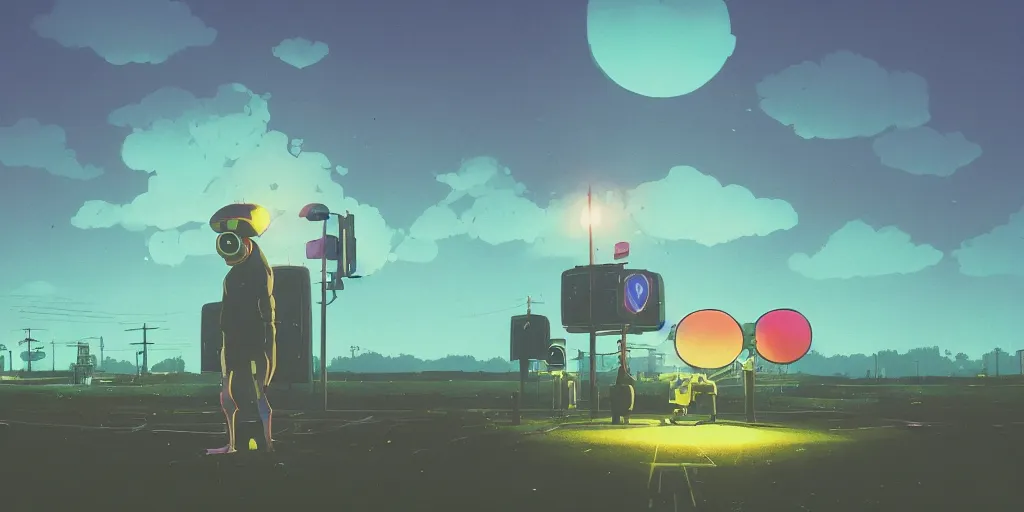 Prompt: Portrait using the Rule of Thirds,alien frogs, focusing on an alien frog invasion, the sun is exploding, Portrait, Very Cloudy Sky, Sun, Neon Lights, Rule of Thirds, perspective, Retrofuturism, Studio Ghibli, Simon Stålenhag