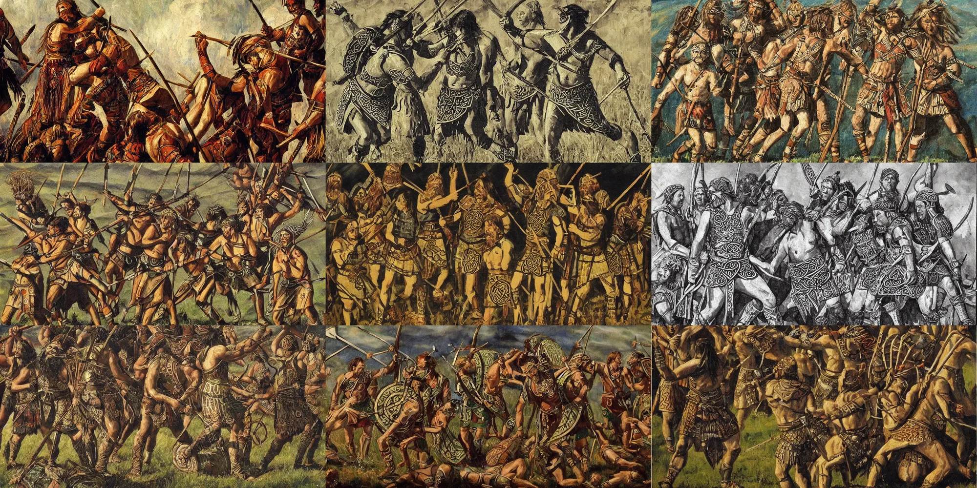 Prompt: celtic picts with warpaint patterns on their skin battling romans in ancient scotland landscape, epic painting classical dramatic lighting