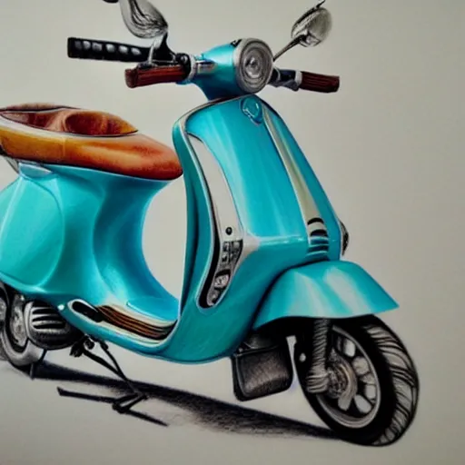 Image similar to hyper realistic pencil drawing of a turquoise vespa moped, loose water color, detailed, rim light, diffused, intricate, by anna dittmann,