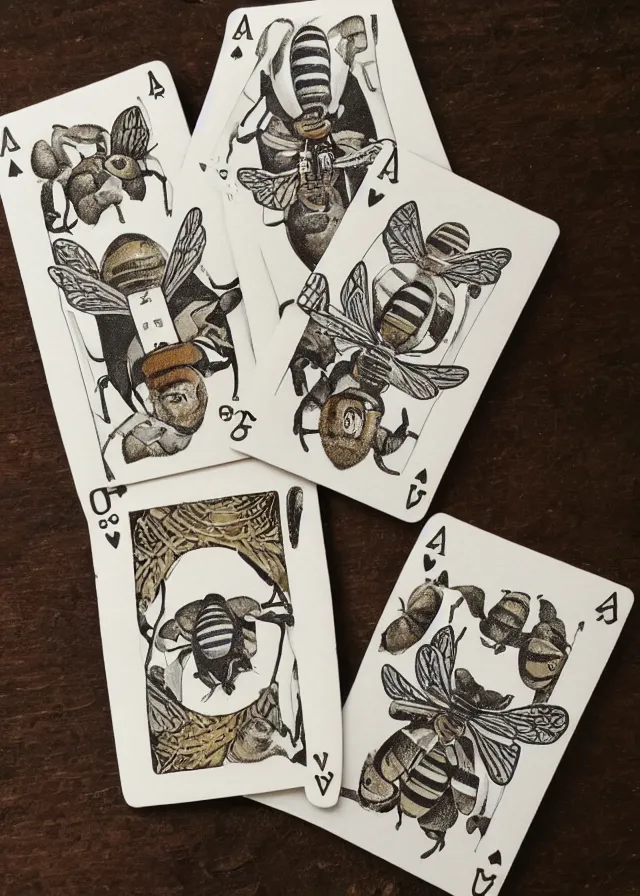 Prompt: 5 of bees, woodblock playing card