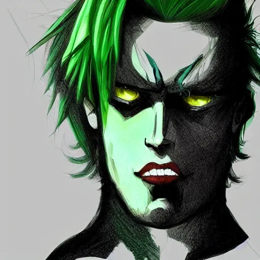 Image similar to Concept art of a man with green hair, trending on artstation, anime, art style of Mad House