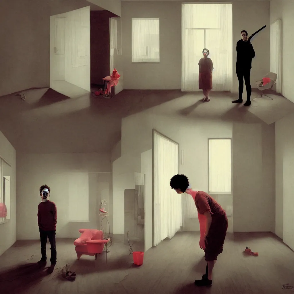 Image similar to weird and disturbing portrait of todd solondz standing alone in an empty appartment, vivid colors, neon, art by gregory crewdson and francis bacon and artgerm and wlop and william - adolphe bouguereau