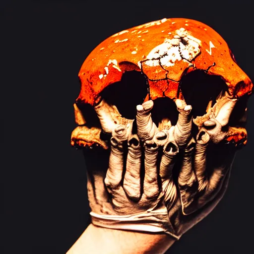 Prompt: photograph of a rotten damaged hand holding up a human skull with scorch marks on it, photorealistic, hyperdetailed, volumetric light, cinematic, f 8 aperture, orange rim lighting