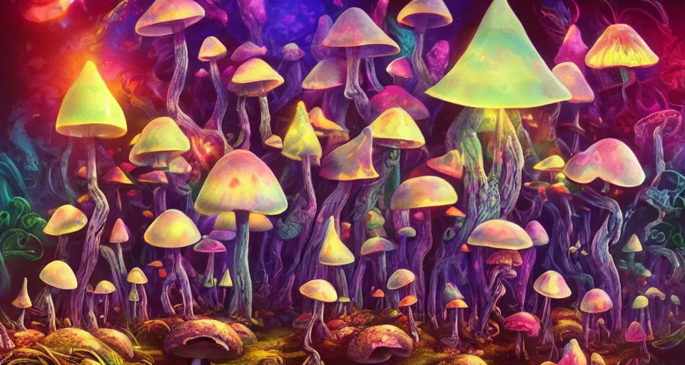 Image similar to a beautiful painting of trippy mushrooms by Tokio Aoyama, Mario Martinez, David Normal. photorealistic, trending on artstation, dramatic lighting, 8K, fantasy beautiful, surreal, cinematic.