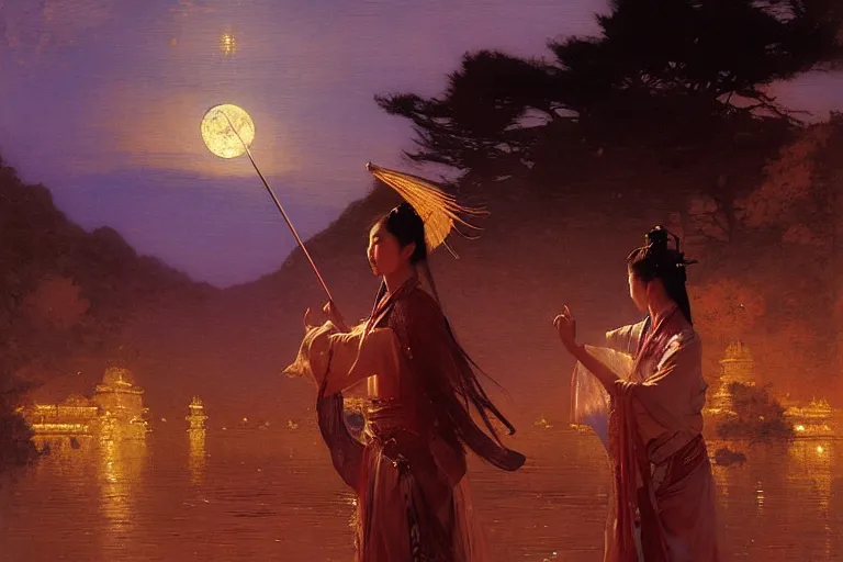 Image similar to wuxia, moon, river, night, painting by gaston bussiere, craig mullins, j. c. leyendecker