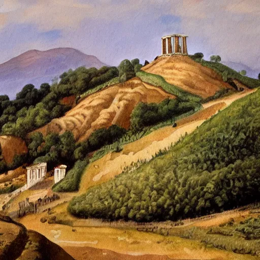 Image similar to a very detailed painting of a hill, ancient rome stands behind it in the distance, thick brush strokes, visible layers of paint.