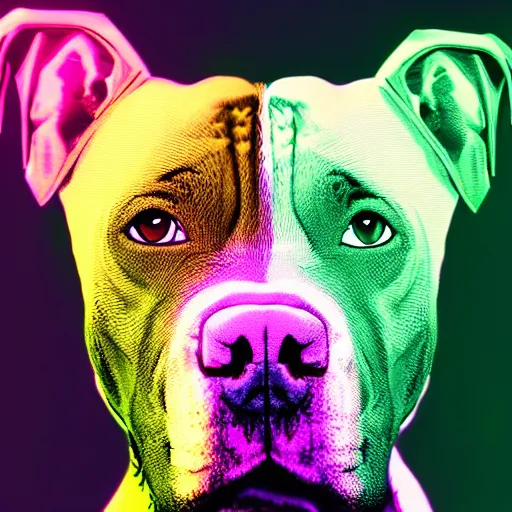 Prompt: an amazing glitch art portrait of a cute mad pitbull. intricate, epic lighting, cinematic composition, hyper realistic, 8 k resolution, unreal engine 5