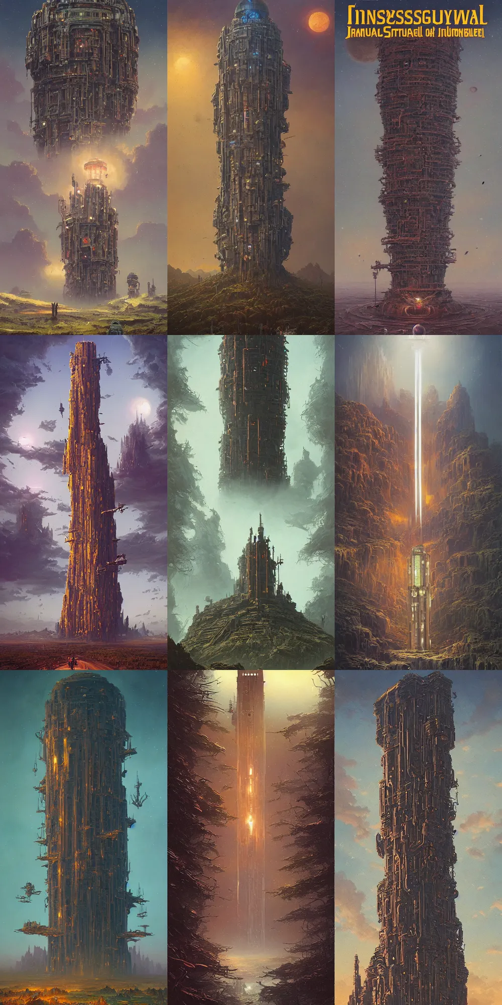 Prompt: beautiful oil painting, beautiful oil painting, beautiful oil painting, amazing unique highly detailed dark sci-fi retro cover art of the Impossible Tower by James Gurney and Greg Rutkowski and Simon Stalenhag, amazing unique highly detailed dark sci-fi retro cover art of the Impossible Tower by James Gurney and Greg Rutkowski and Simon Stalenhag, composition and color palette by Simon Stalenhag, composition and color palette by Simon Stalenhag, composition and color palette by Simon Stalenhag, composition and color palette by Simon Stalenhag, sci-fi inspiration from Jim Burns and Bruce Pennington, sci-fi inspiration from Jim Burns and Bruce Pennington, behold the great universe machine, atmospheric lighting, epic scale, dynamic angle, cinematic composition, sense of awe, sense of awe, wonder, anthropomorphic machine, anthropomorphic machine, luminous black hole portal, luminous black hole portal, intricate details, sense of perspective, artificial intelligence gods, artificial intelligence gods, destination at the end of a journey, fantasy elements, surrealism, award winning, genius, atmospheric, monumental, iconic, trending on art station