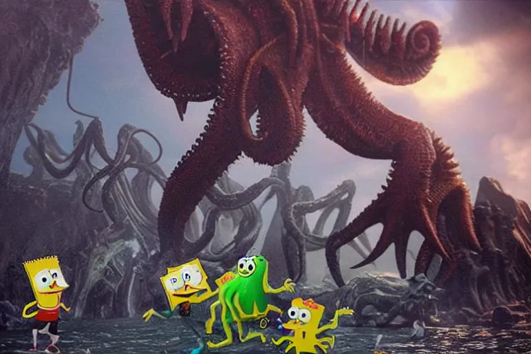 Image similar to Spongebob Cthulhu chimera fighting king kong, photorealistic still from Alien Planet