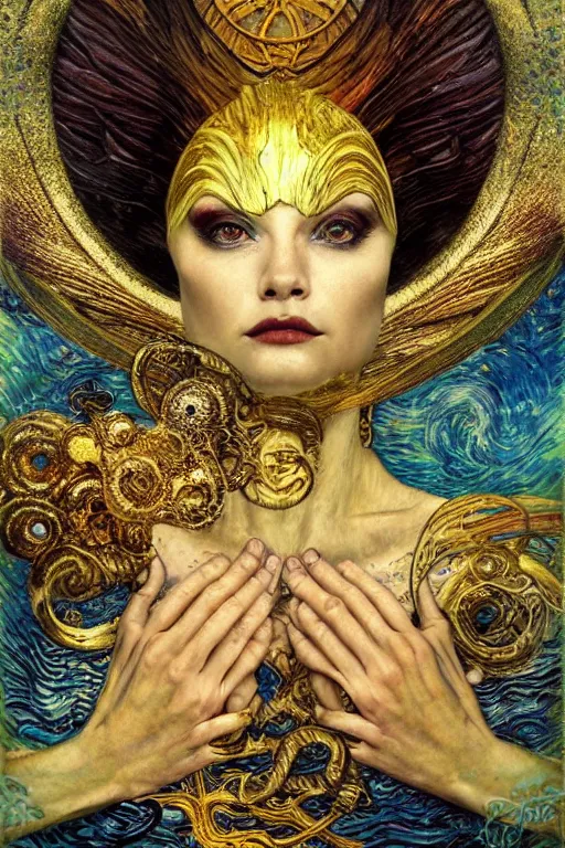 Image similar to Intermittent Chance of Chaos Muse by Karol Bak, Jean Deville, Gustav Klimt, and Vincent Van Gogh, beautiful Surreality portrait, enigma, Loki's Pet Project, destiny, Poe's Angel, fate, inspiration, muse, otherworldly, fractal structures, arcane, ornate gilded medieval icon, third eye, spirals