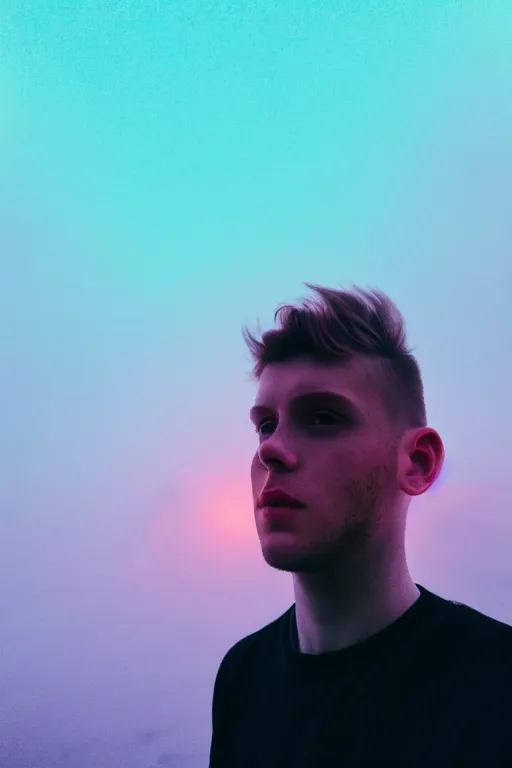 Prompt: high quality pastel coloured film mid angle selfie photograph of a young beautiful man standing in an icelandic black rock environment. atmospheric. three point light. photographic. art directed. ( pastel colours ). volumetric light. stark. waves glitch. 8 k. filmic.